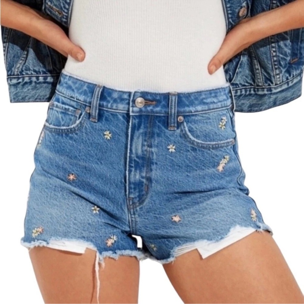 American Eagle Embroidered Daisy Distressed Denim Shorts, 8